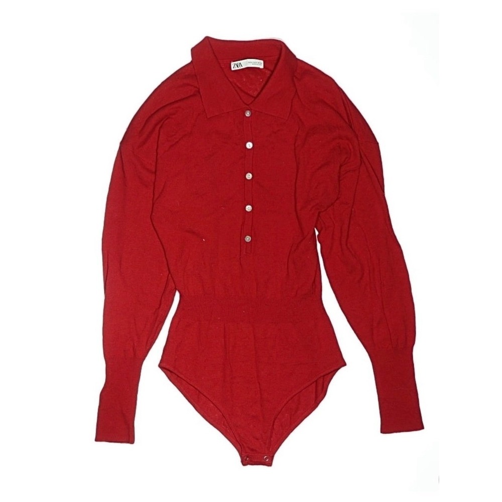 ZARA 100% Wool Fine Knit Polo Collar Bodysuit‎ Red Puff Sleeve | Women's S